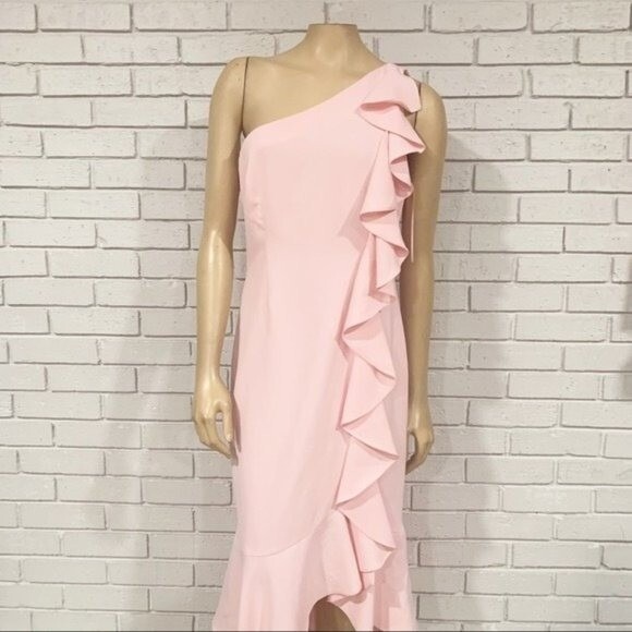 Likely Pink One Shoulder Ruffle Mermaid High-Low Midi Dress Wedding Guest Formal